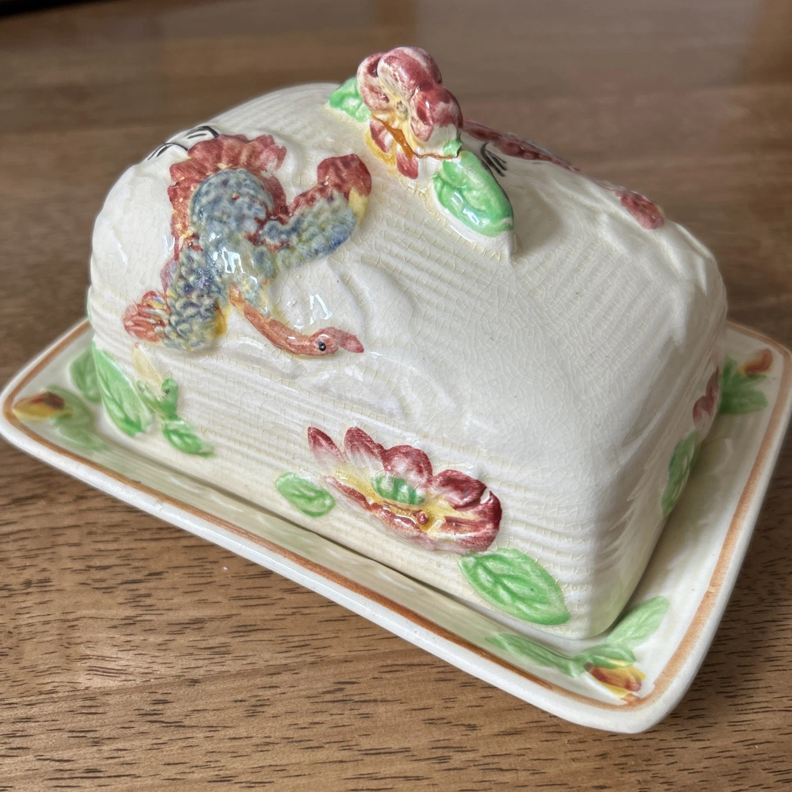 Price Bros Ceramic Butter Dish Vintage Cheese Birds Flowers