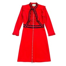 Gucci Red & Navy Jersey Tie Neck Ruffled Full Zip Long Sleeve Stretch Dress UK L
