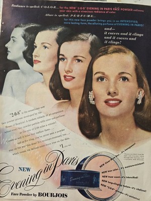 1947 Bourjois Evening in Paris Perfume Face Powder vintage Color ad 