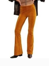 Free People Penny Pull-On Velvet Low Rise Flared Pants Textured Gold Medium NWT