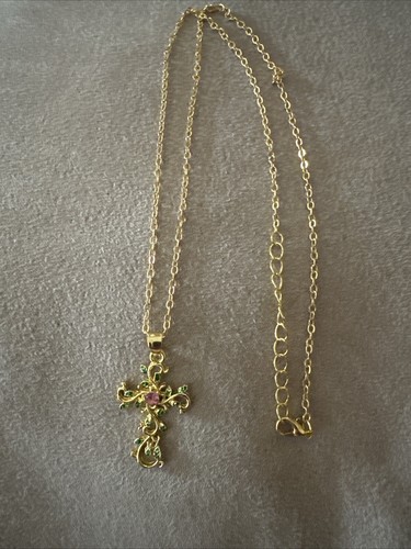 Green Leaves On A Pretty Cross With Pink Stone Pendant Necklace - Picture 11 of 13