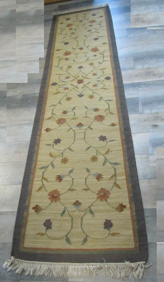 ¡CORREDOR DE LANA ANUDADO A MANO VINTAGE! 32"x10' ¡PATRÓN FLORAL! FRINGE EN LOS EXTREMOS! ALFOMBRA Foto 2 de 4