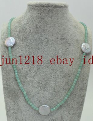 Pretty 4mm Faceted Aquamarine 12-13mm Coin Pearl Necklace Silver Clasp 18''