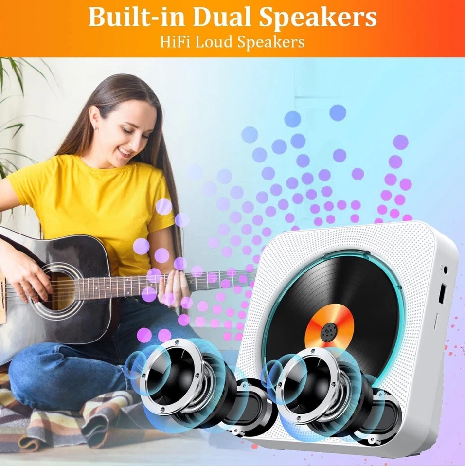 KOVCDVI CD Player Desktop Players Bluetooth 5.1 5W Dual Speakers White - Image 3 of 4