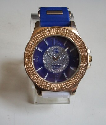 Men's Gold Finish Silver, White & Blue Silicon Band Fashion