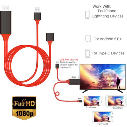 1M Phone to HDMI TV AV Adapter 1080P Cable For Apple iPad iPhone 5-12 XR 11 iPad - Picture 1 of 11