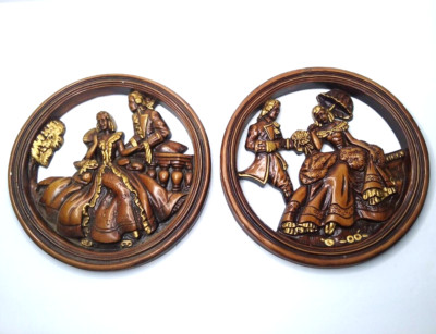 Vintage Girotti Style Sculptured Victorian Art Wall Plaques 2, Courtship Couples