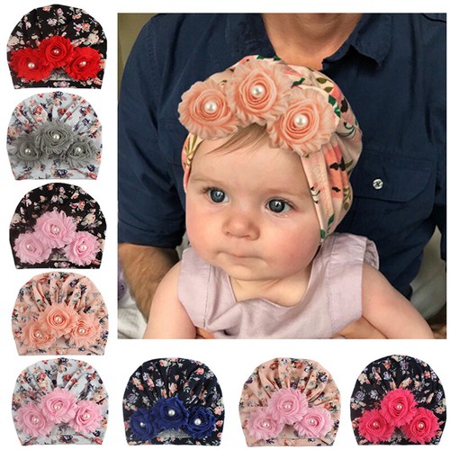 Soft Newborn Print Hat Pearl Flower Cap 