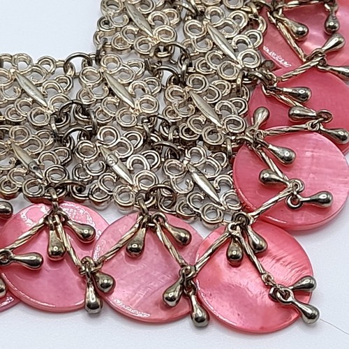 CHICO'S Pink Shell Dangle Pendants Gold Tone Metal Scroll STATEMENT BIB NECKLACE - Picture 7 of 11