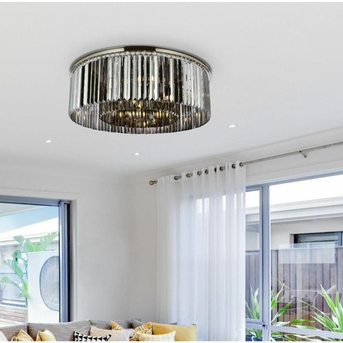 Large Polished Nickel Flush Mount 10 Light Crystal Silver Shade Fixture 43 inch - Picture 2 of 9