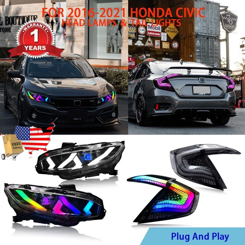 Set Fits 2016 2021 Honda Civic RGB LED Head Light Tail lamp