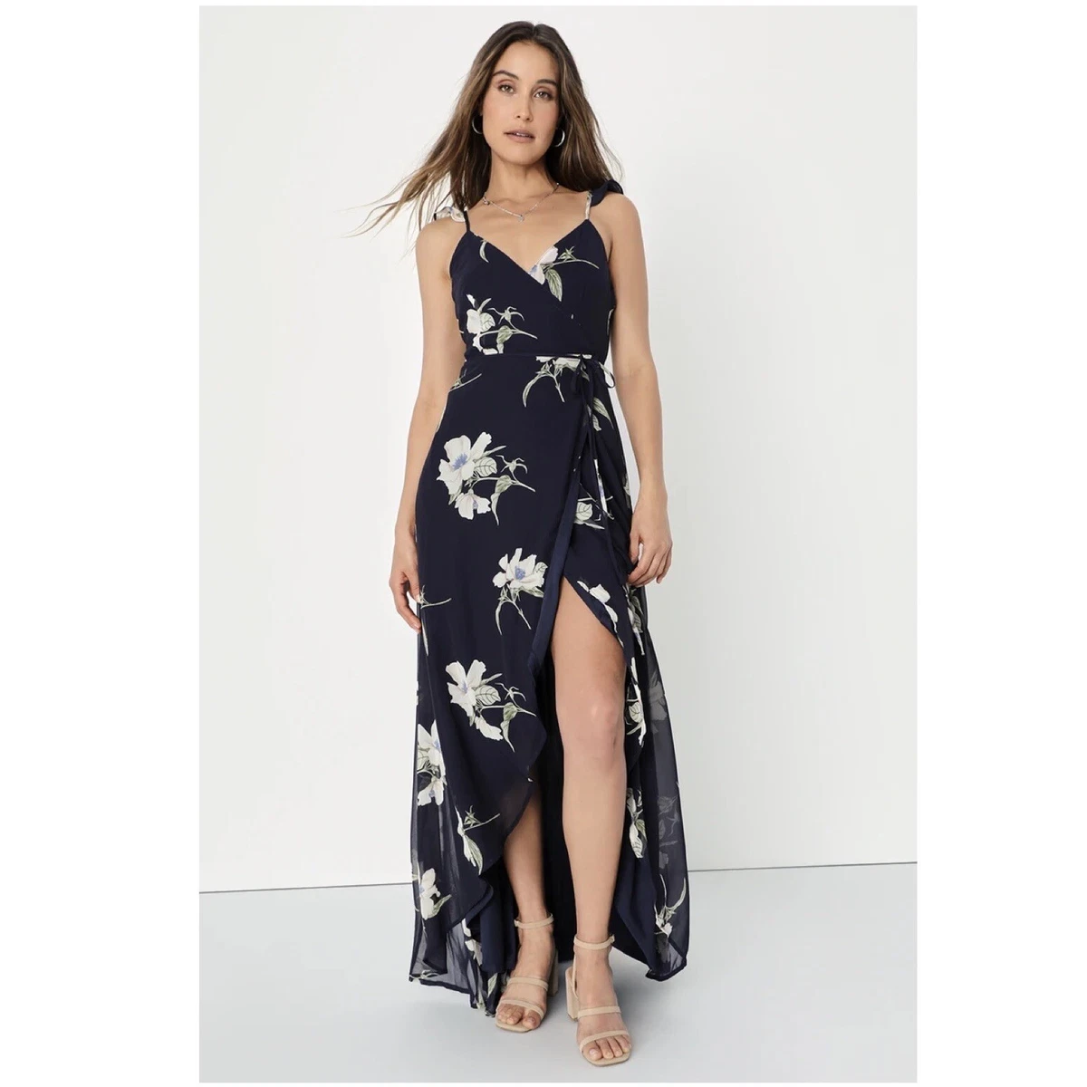 Navy floral high low dress with open back 2025