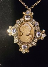 Vintage Inspired Rhinestone Cameo Pendant Chain necklace Brass