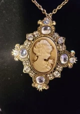 Vintage  Inspired Rhinestone Cameo Pendant Chain necklace Brass