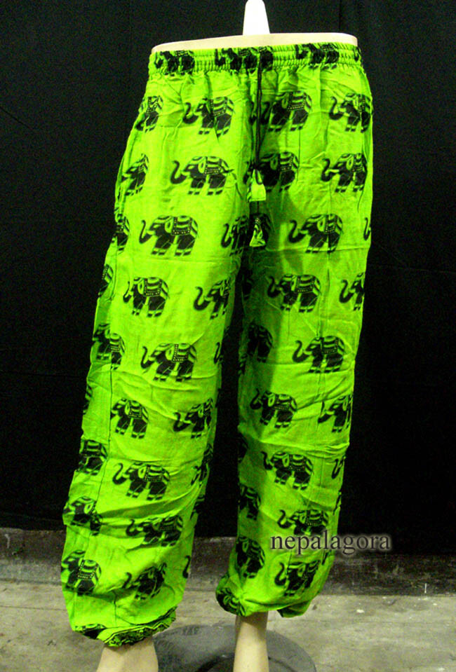 TR448L Green Elephant Print Harem Yoga Pants Cotton Elastic Waist Summer