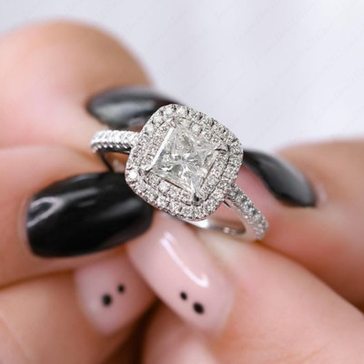 1.78Ctw Princess Moissanite Double Halo Engagement Ring In 14K White Gold Plated