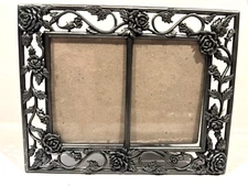 Pewter Metal Rose Vine Divided Mini Picture Frame w/ Stand 4.75 X 3.75 VTG