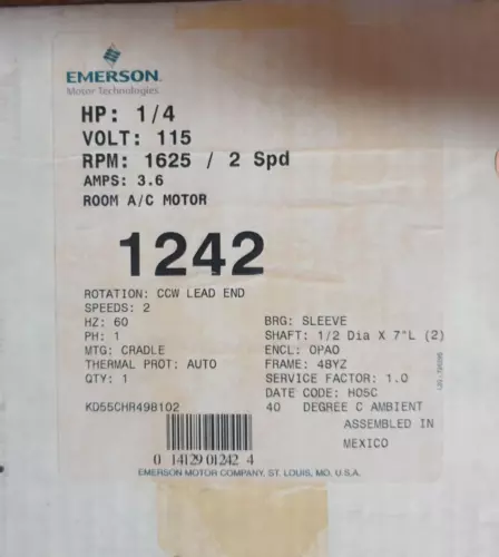 Emerson Part # 1242 1/4HP 115V 1625 RPM A/C Motor 2 Speed 3.6 Amps