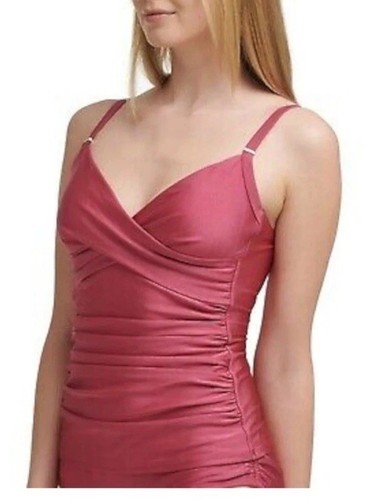 CALVIN KLEIN Women's Pink Stretch Tummy Control Surplice Tankini Swimsuit Top L