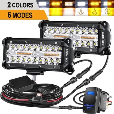 LEDMIRCY 2X 7inch LED Work Light Bar White Amber Strobe Driving Pods+Switch Wire
