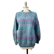 Handmade Women's Sweater Size L Mohair Green Purple Crochet Knit 