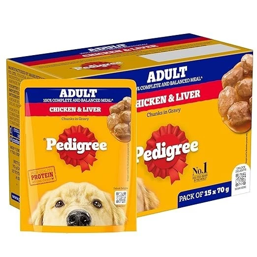 Pedigree Adult Wet Dog Food, Chicken & Liver Chunks in Gravy, 70 g (Pack of 15)