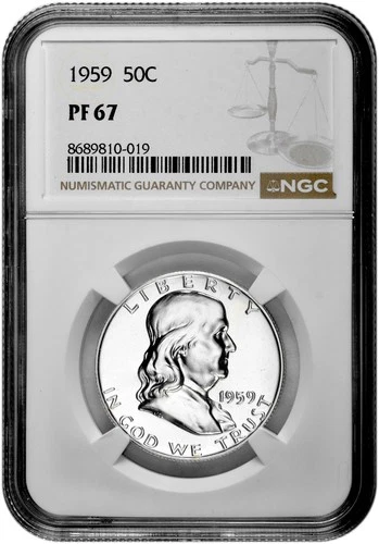 1959 50C Proof Silver Franklin Half Dollar NGC Graded PF 67 in New Holder