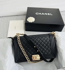 Chanel Medium Boy Bag Black Lambskin Quilted Gold Hardware Authentic