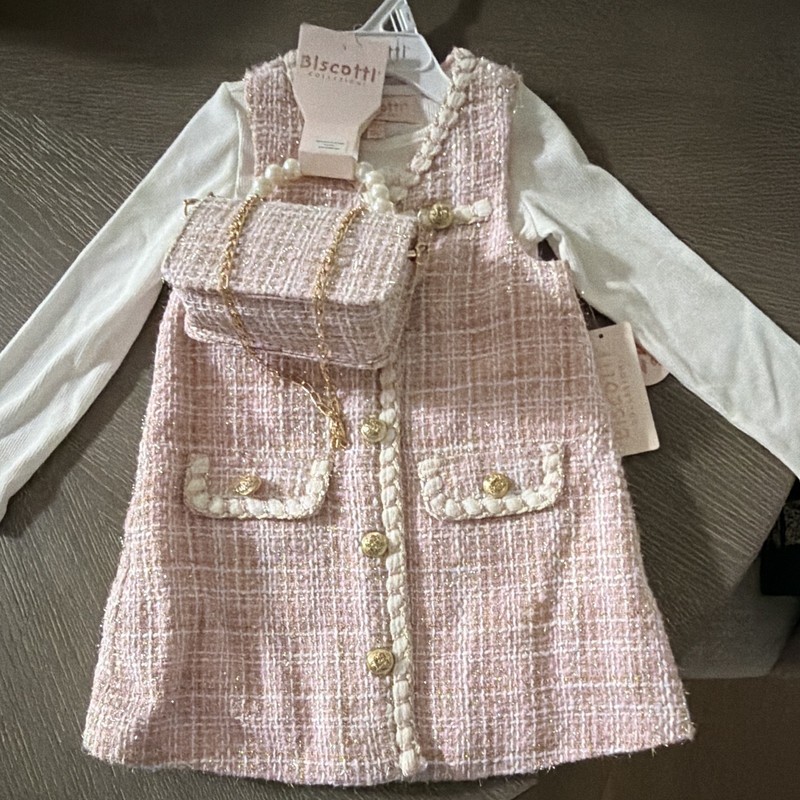 Biscotti Girls 3T Pink Tweed 2-Piece Dress Set w/ White Long Sleeve Shirt