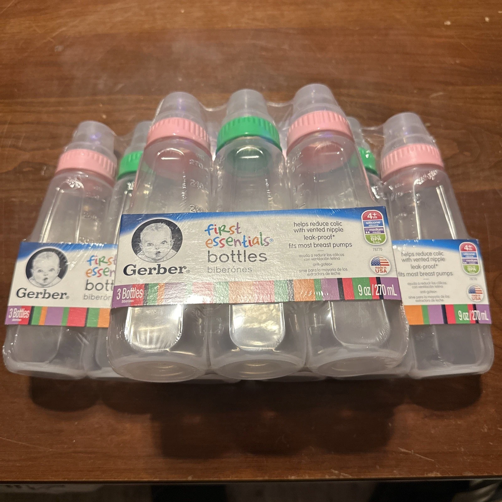 GERBER FIRST ESSENTIALS (3) 3 PACK BOTTLES 9oz 2012 REDUCE COLIC SILICONE NIPPLE