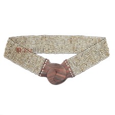 Bone White Womens Belt From Bali 2-inch Wide Elastic Glass Beads Wood Clasp Bone White Womens Belt From Bali 2-inch Wide Elastic Glass Beads Wood Clasp
