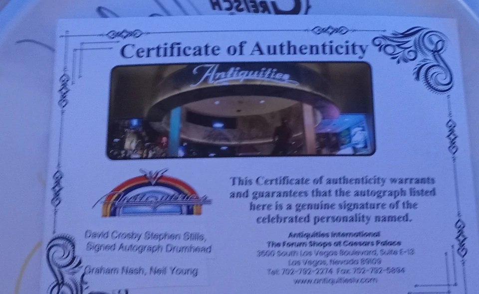 Cabezal de batería firmado David Crosby, S. Stills Graham Nash y Neil Young los 4 con certificado de autenticidad Foto 3 de 3