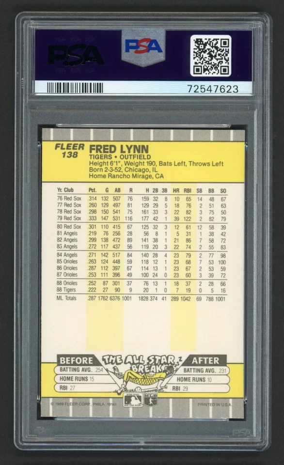 1989 FLEER FRED LYNN #138 DETROIT TIGERS PSA 9 MINT - Image 2 of 2