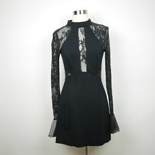 FREE PEOPLE Women's S - Black Stretch Dress Lace Trim Long Sleeves - Above Knees