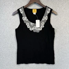 Ruby Rd Womens Tank Top Size Small Black with Embroidered Neck New Tags