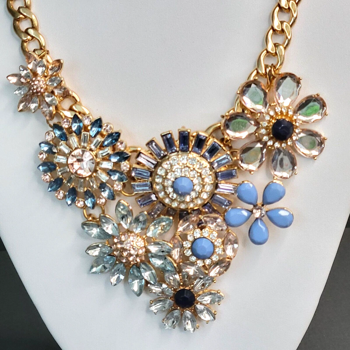 Aldo Gold Tone Chunky Curb Chain Floral Bib Cluster Heavy Necklace 15 in