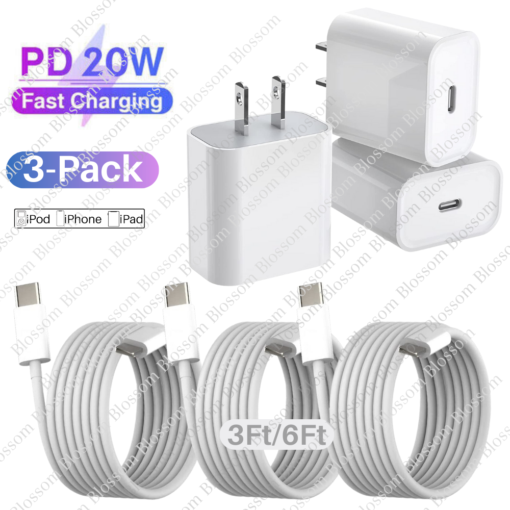 For iPhone 14 13 12 11 PD Fast Charger Cable 20W USB-C Power Adapter 3 Pack Lot