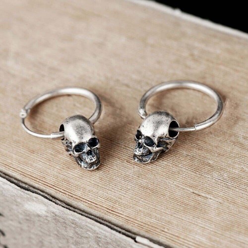 925 Sterling Silver Skull Drop Dangle Hoop Earrings Gothic Punk Rock Vintage - Picture 4 of 7