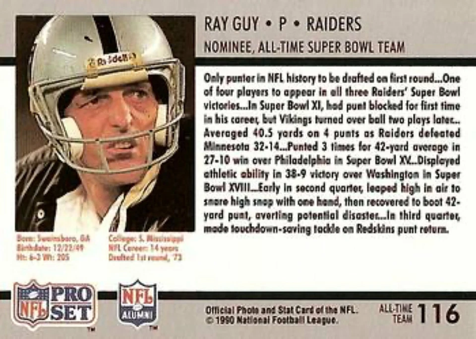 1990-91 Pro Set Super Bowl 160 Football 116 Ray Guy - Image 2 of 2