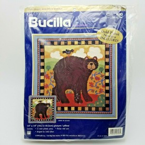 Bucilla-Needlepoint-Kit-Folk-Art-Brown-Bear-4793-Picture-or-Pillow-New-Vintage