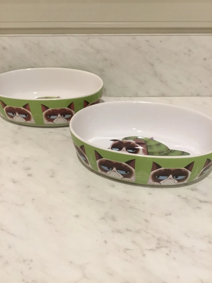 Juego de 2 cuencos de comida ovalados de gres para gatos y mascotas Petrageous Grumpy Cat Foto 3 de 4