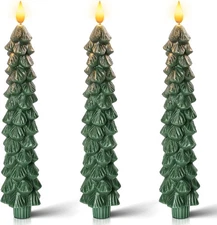 Homemory 3 PCS Flameless Taper Candles with 6-Hours Timer, A-Green Tree Timer 