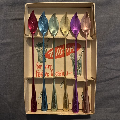 VTG Lot Of 6 MCM ANODIZED ALUMINUM MULTICOLOR DRINK 8" STIRRERS Spoons 