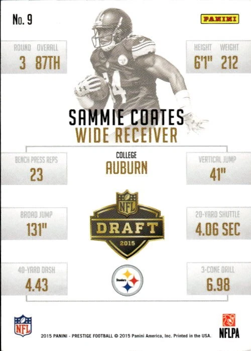 2015 Panini Prestige Sammie Coates #9 Draft Picks Hobby Pittsburgh Steelers 20P - Image 2 of 2