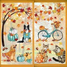 Mfault 59PCS Fall Window Clings 9 Sheets, Autumn Dogs Cats Maple Dog Cat 