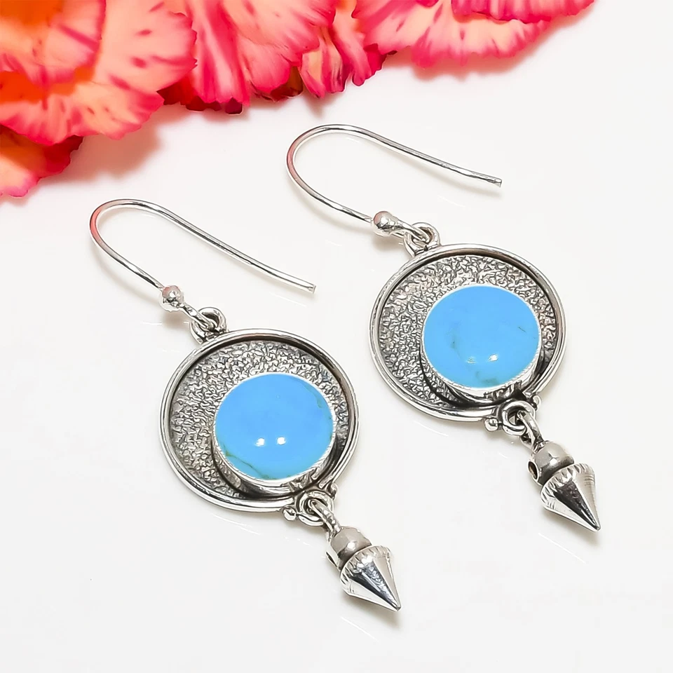 Magnesit Türkis Edelstein Handarbeit 925 Sterling Silber Schmuck Ohrringe - Bild 3 von 4