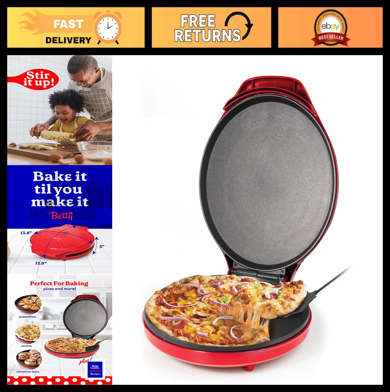 12" Electric Pizza Maker & Grill, Nonstick Griddle for Pizzas, Quesadillas & Sna