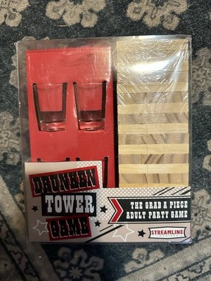 Drunken Tower Adult Drinking Game 4 Shot Glasses 60 Stack Wooden Blocks Sealed