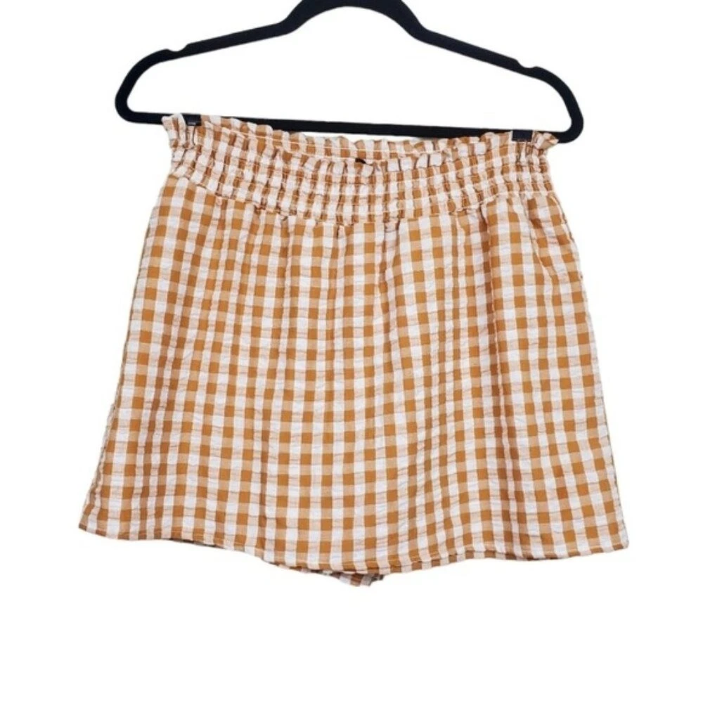 Forever 21 Womens Tan Maple White Gingham Seersucker Mini Skort Size L NWT