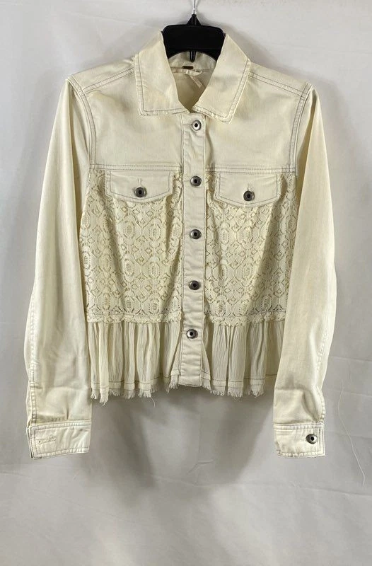 Free People Women's White Jean Jacket Lace Panel Ruffle Peplum Raw Edge Sz 8